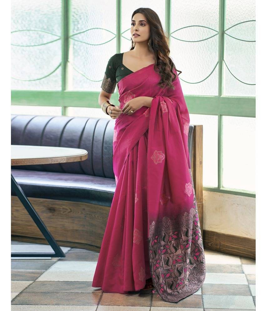 Samah Silk Woven Saree With Unstitched Blouse Piece ( Fluorescent Pink ) Samah Silk Woven Saree With Unstitched Blouse Piece ( Fluorescent Pink )