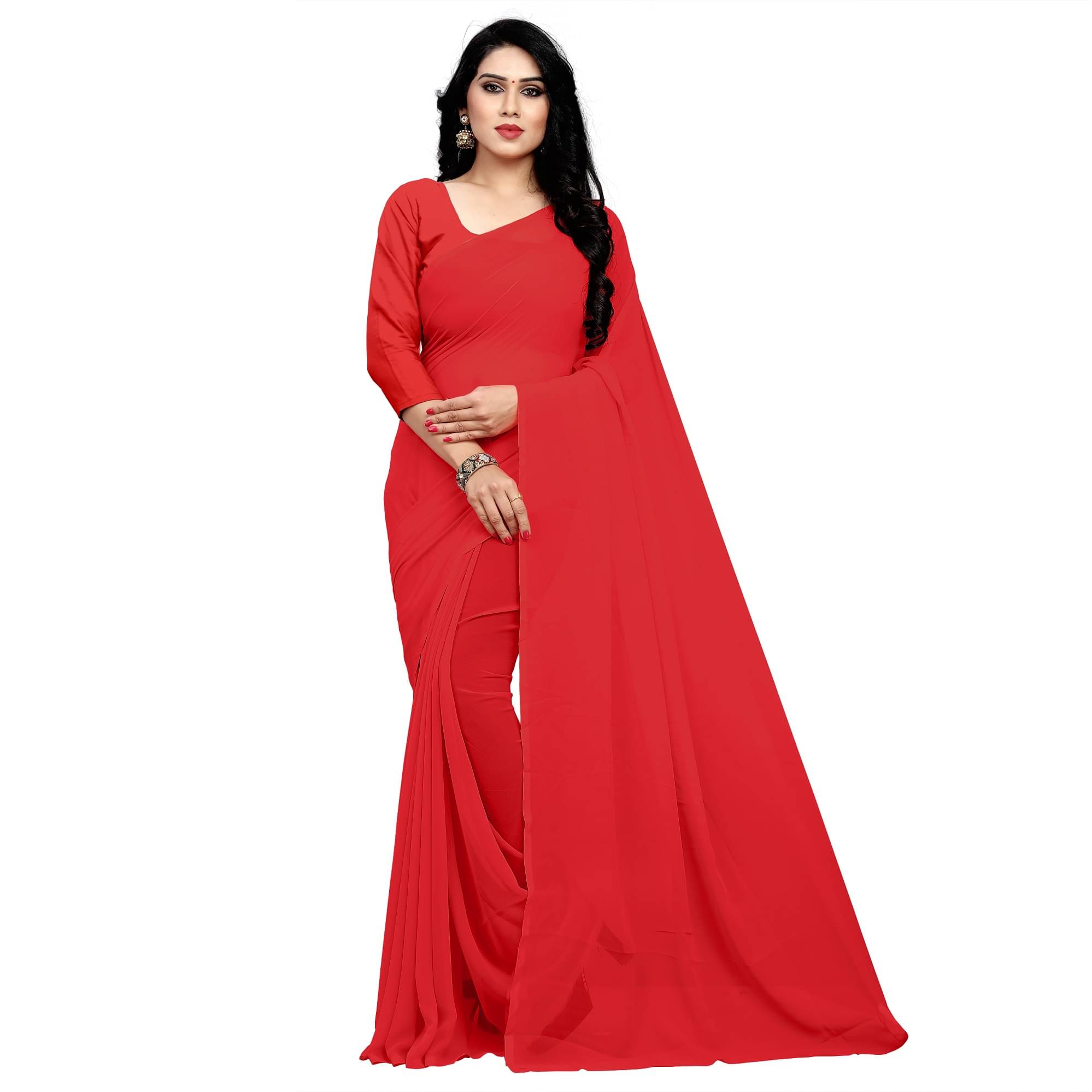 Sidhidata Georgette Solid Saree With Unstitched Blouse Piece ( Red ) Sidhidata Georgette Solid Saree With Unstitched Blouse Piece ( Red )