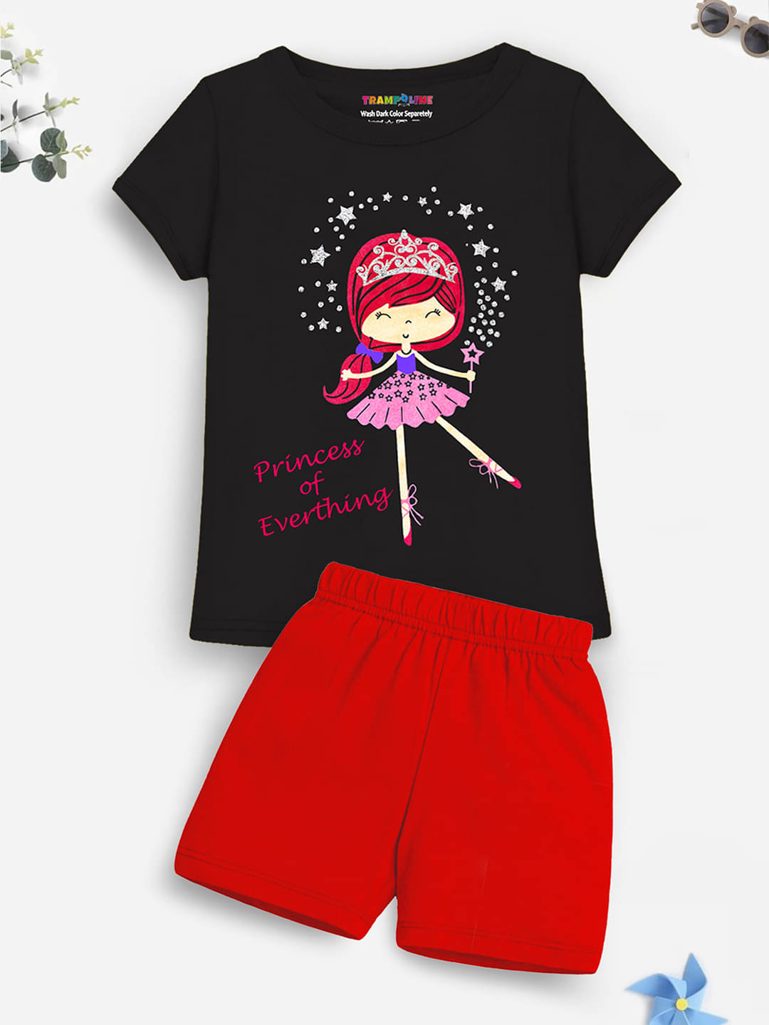 Trampoline Pack of 1 Girls Cotton Blend Top With Shorts ( Black & Red ) Trampoline Pack of 1 Girls Cotton Blend Top With Shorts ( Black & Red )