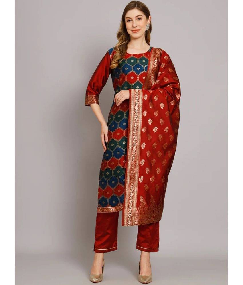 kedar fab Women Banarasi Self Design Straight Kurti With Pants ( Red ) kedar fab Women Banarasi Self Design Straight Kurti With Pants ( Red )