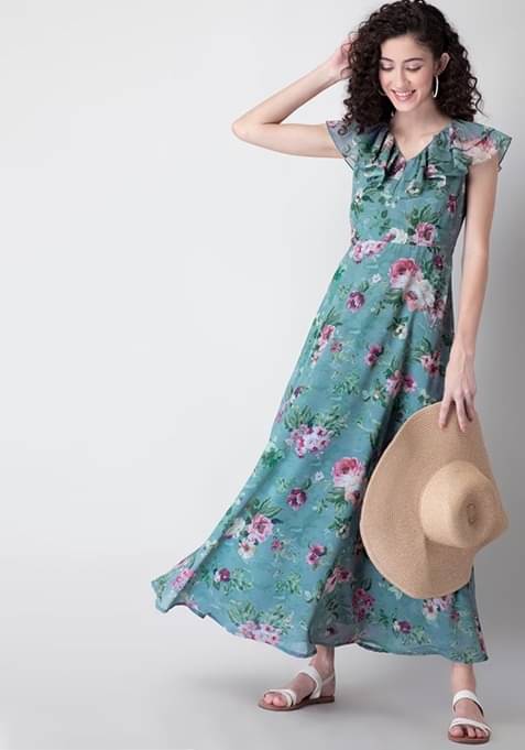 kedar fab Georgette Printed Ankle Length Women's Fit & Flare Dress - Teal ( Pack of 1 ) kedar fab Georgette Printed Ankle Length Women's Fit & Flare Dress - Teal ( Pack of 1 )
