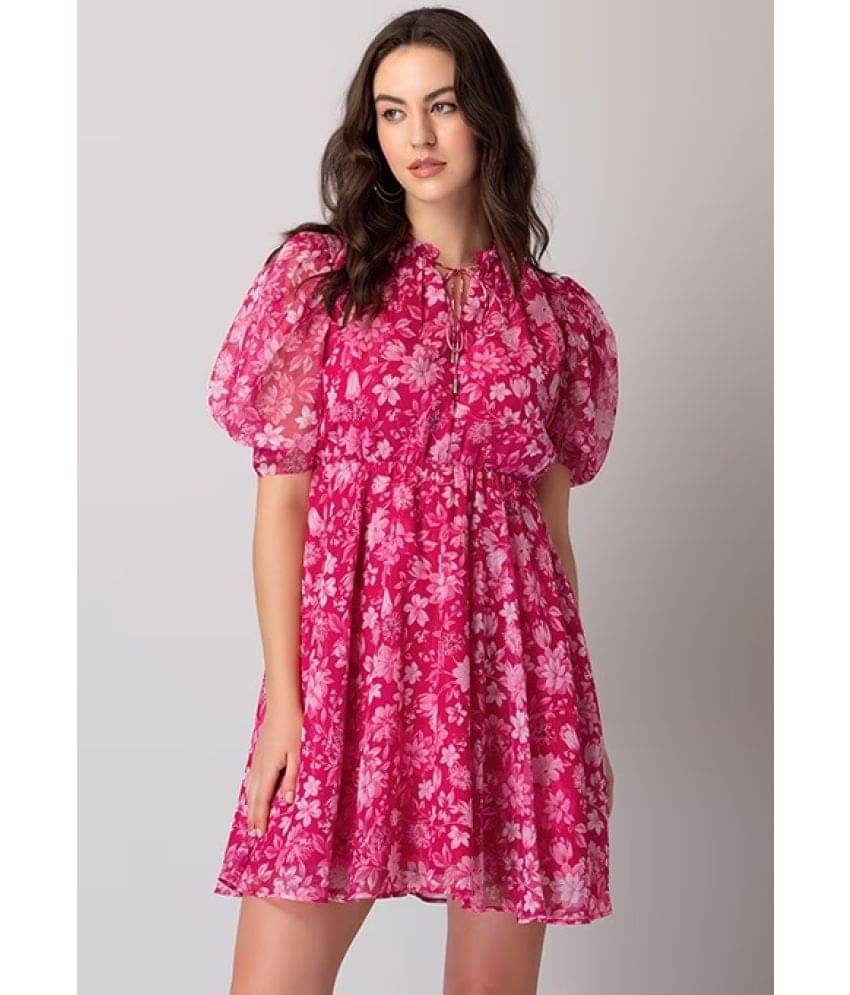     			kedar fab Women Georgette Printed Fit & Flare Dress ( Pink )