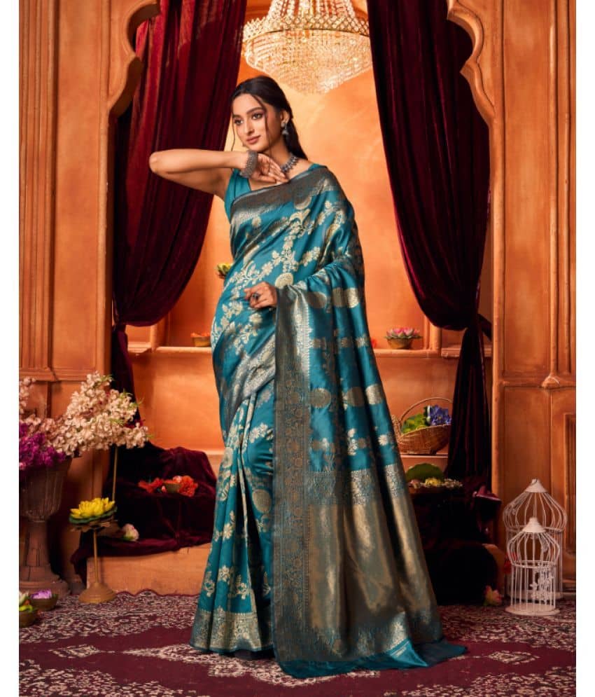 Aadvika Banarasi Silk Printed Saree With Unstitched Blouse Piece ( Blue ) - Sarees | Buy online on ZillyBuy