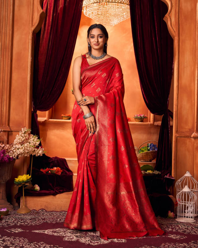 Aadvika Banarasi Silk Printed Saree With Unstitched Blouse Piece ( Red ) Aadvika Banarasi Silk Printed Saree With Unstitched Blouse Piece ( Red )