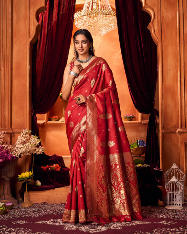 Aadvika Banarasi Silk Printed Saree With Unstitched Blouse Piece ( Red ) - Sarees | Buy online on ZillyBuy
