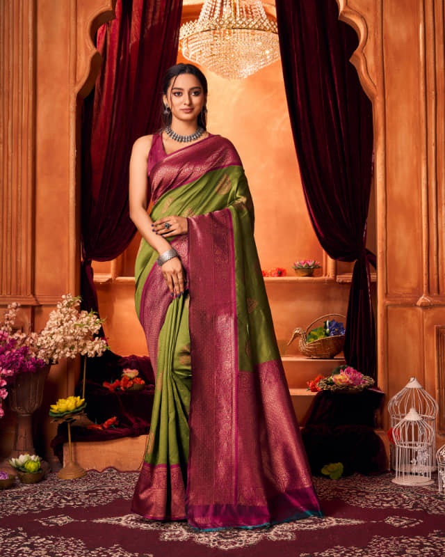 Aadvika Banarasi Silk Printed Saree With Unstitched Blouse Piece ( Green ) - Sarees | Buy online on ZillyBuy