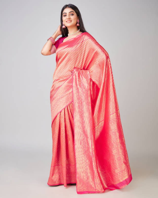 Aadvika Banarasi Silk Printed Saree With Unstitched Blouse Piece ( Peach ) Aadvika Banarasi Silk Printed Saree With Unstitched Blouse Piece ( Peach )