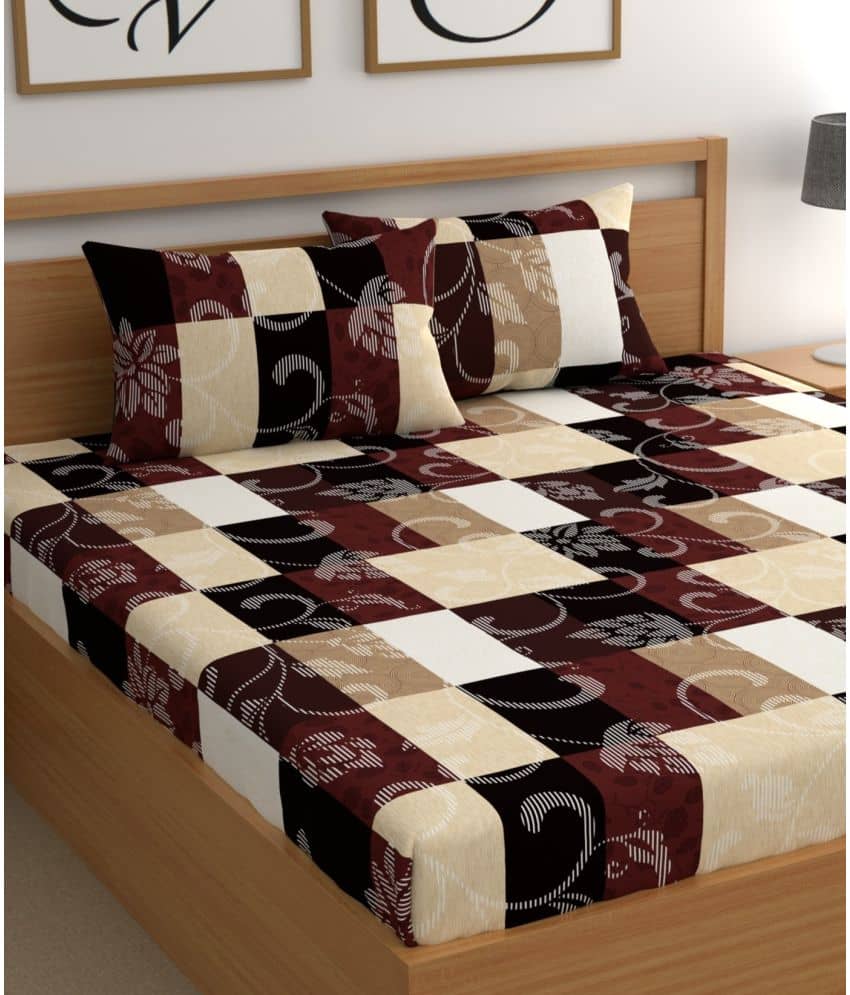 CG HOMES Microfibre Geometric Fitted Fitted bedsheet with 2 Pillow Covers ( Double Bed ) - Brown