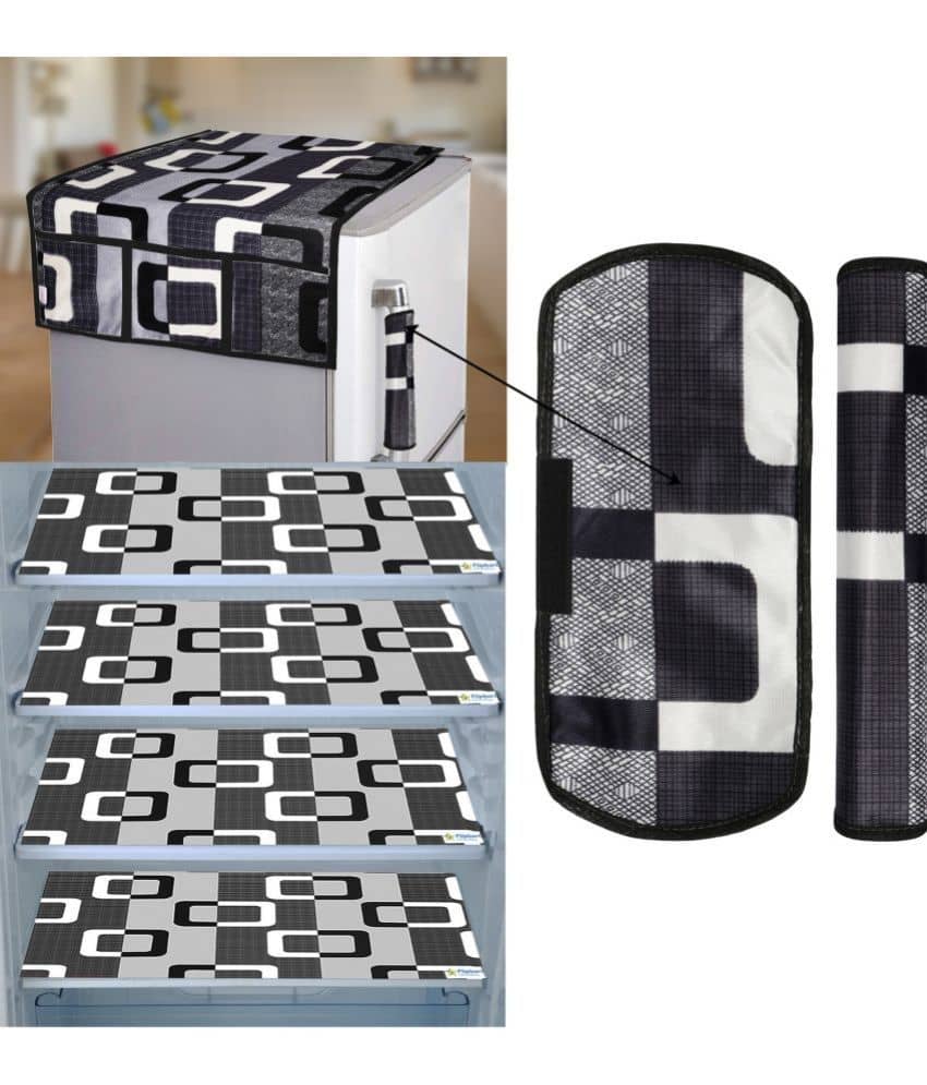 Crosmo Polyester Floral Printed Fridge Mat & Cover ( 64 18 ) Pack of 7 - Black
