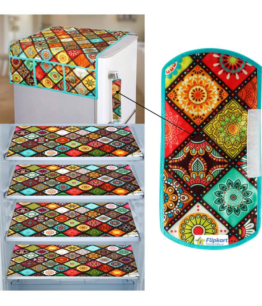 Crosmo Polyester Floral Printed Fridge Mat & Cover ( 64 18 ) Pack of 6 - Red