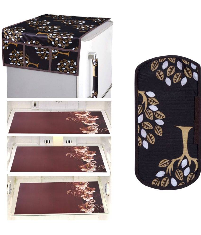     			Crosmo Polyester Floral Printed Fridge Mat & Cover ( 64 18 ) Pack of 5 - Brown