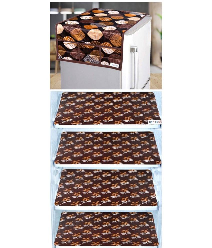     			Crosmo Polyester Floral Printed Fridge Mat & Cover ( 64 18 ) Pack of 5 - Brown