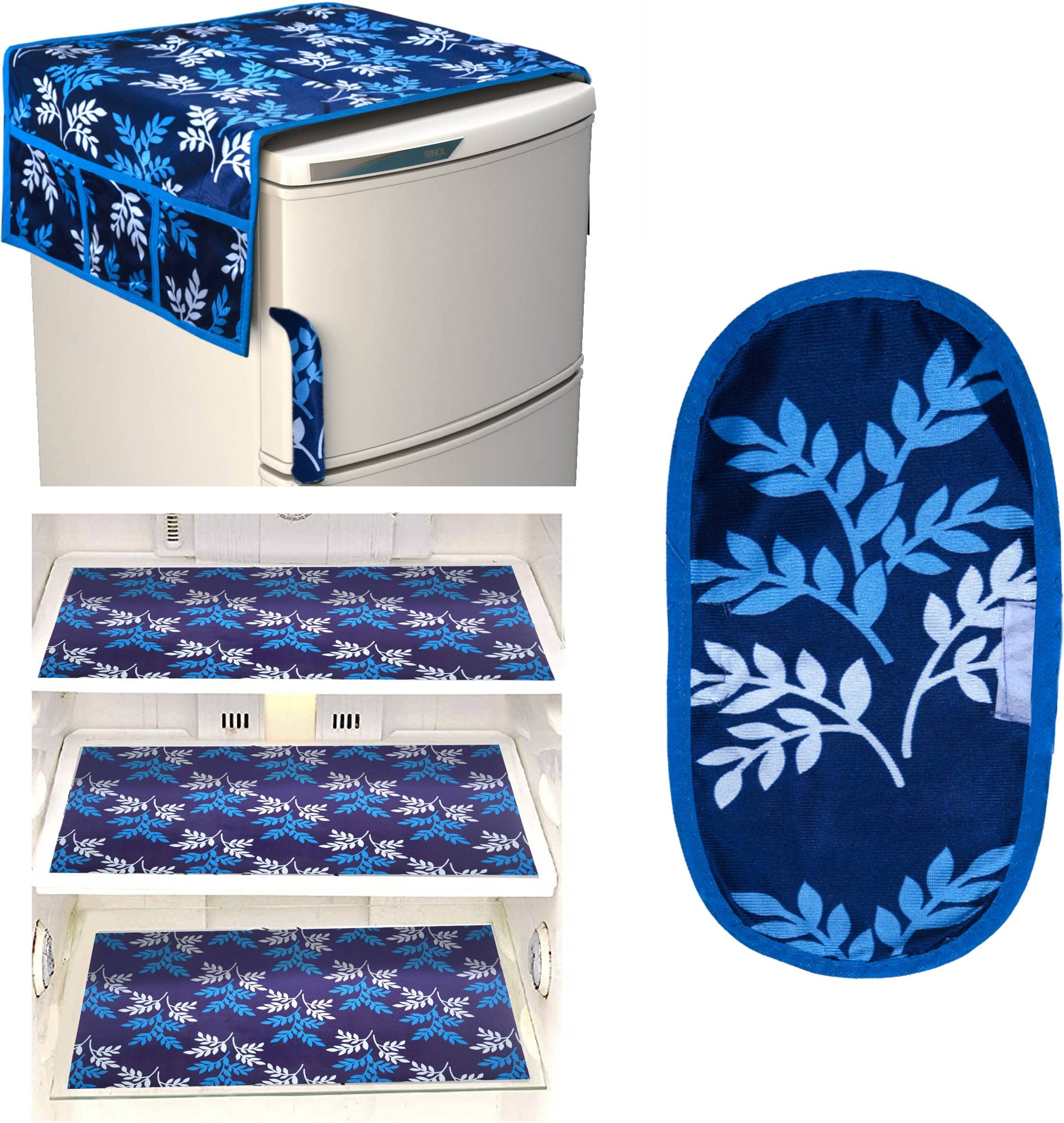     			Crosmo Polyester Floral Printed Fridge Mat & Cover ( 64 18 ) Pack of 5 - Blue
