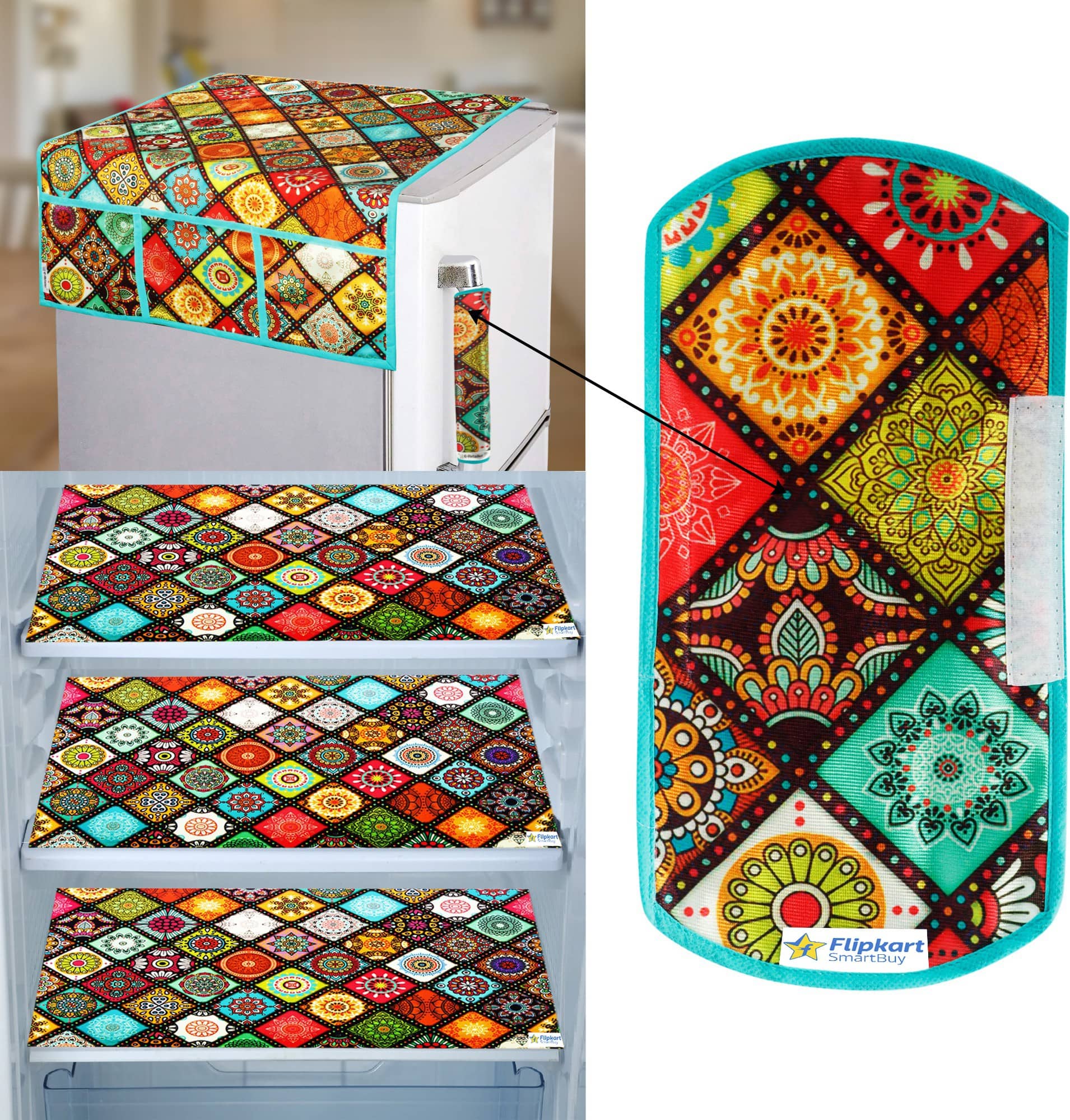 Crosmo Polyester Floral Printed Fridge Mat & Cover ( 64 18 ) Pack of 5 - Red