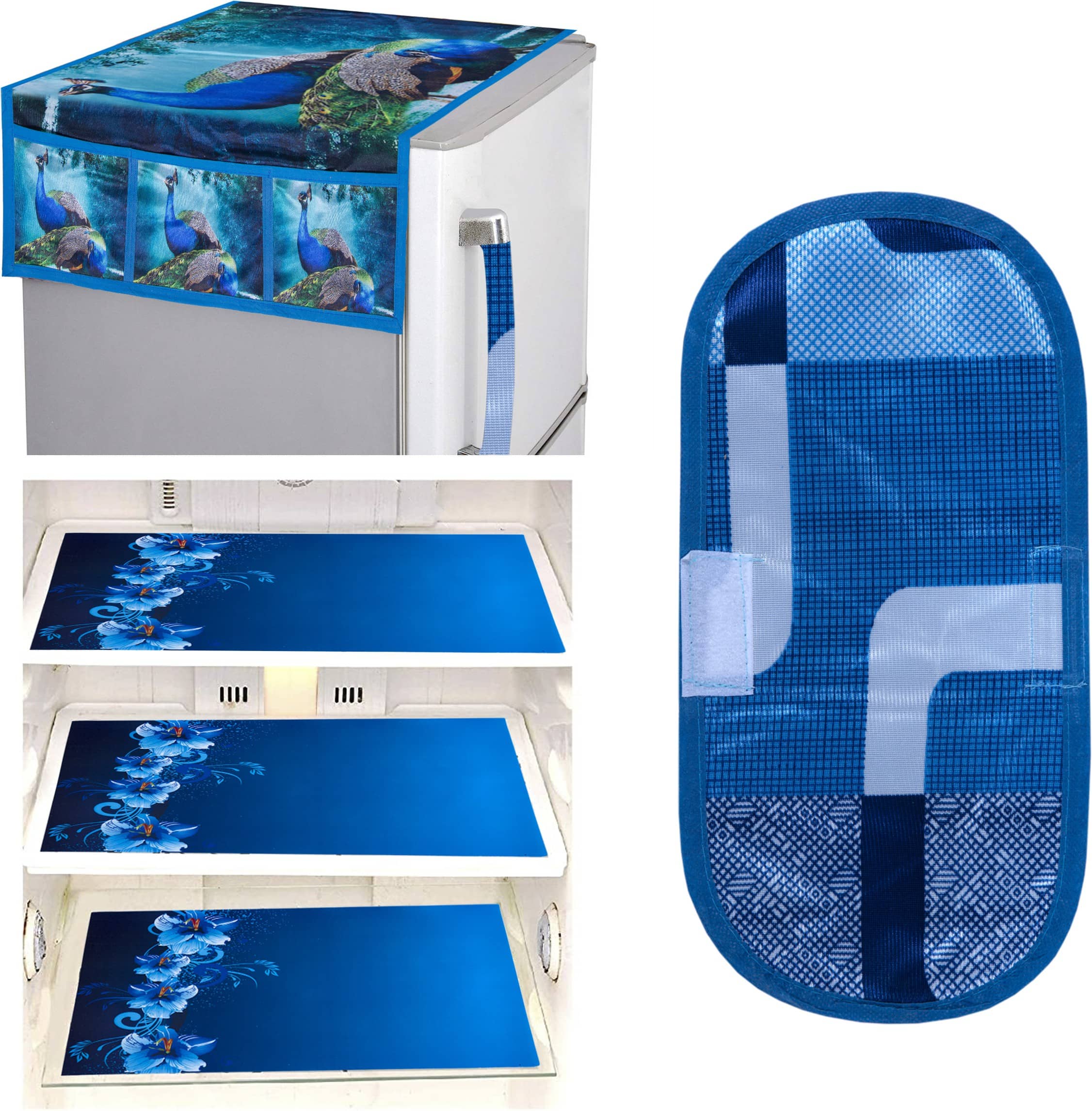 Crosmo Polyester Floral Printed Fridge Mat & Cover ( 64 18 ) Pack of 5 - Green