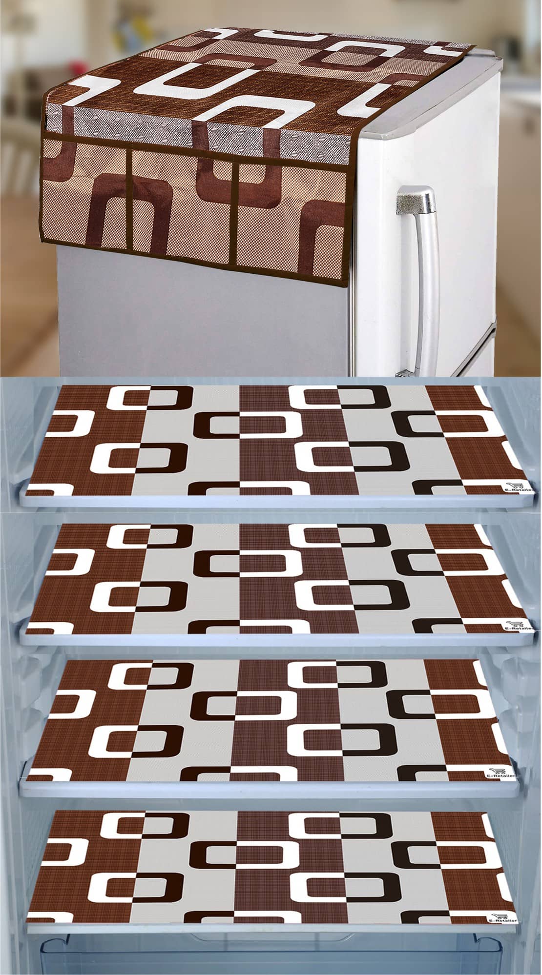 Crosmo Polyester Floral Printed Fridge Mat & Cover ( 64 18 ) Pack of 5 - Brown