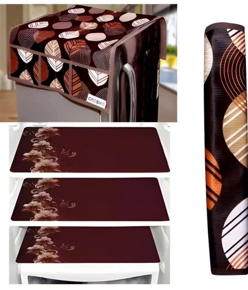 Crosmo Polyester Floral Printed Fridge Mat & Cover ( 64 18 ) Pack of 5 - Beige