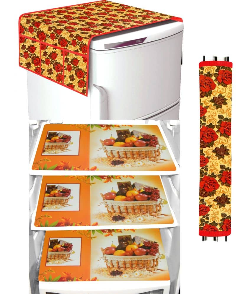 Crosmo Polyester Floral Printed Fridge Mat & Cover ( 64 18 ) Pack of 5 - Multicolor