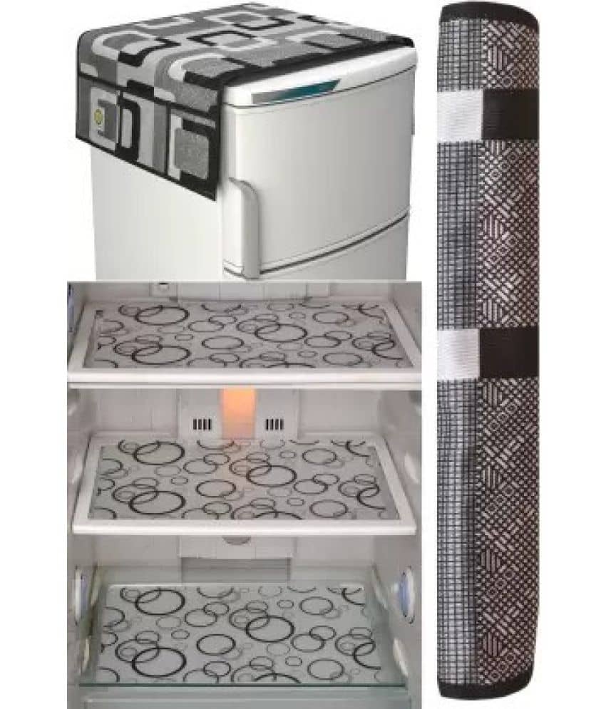 Crosmo Polyester Floral Printed Fridge Mat & Cover ( 64 18 ) Pack of 5 - Black