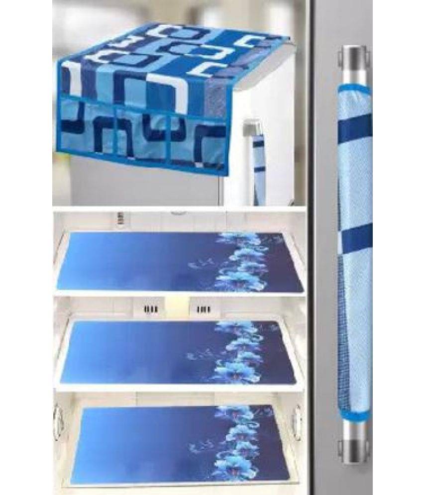     			Crosmo Polyester Floral Printed Fridge Mat & Cover ( 64 18 ) Pack of 5 - Blue