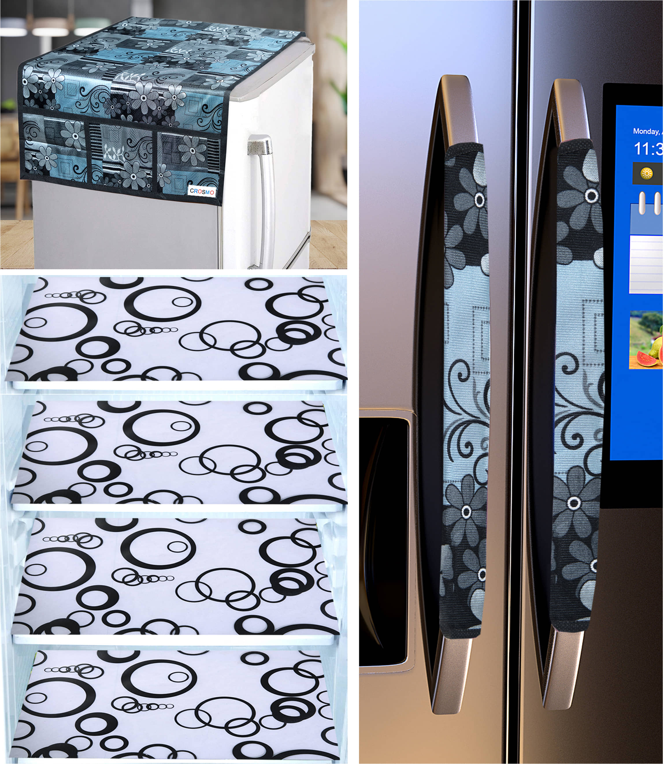 Crosmo Polyester Floral Printed Fridge Mat & Cover ( 64 18 ) Pack of 7 - Gray