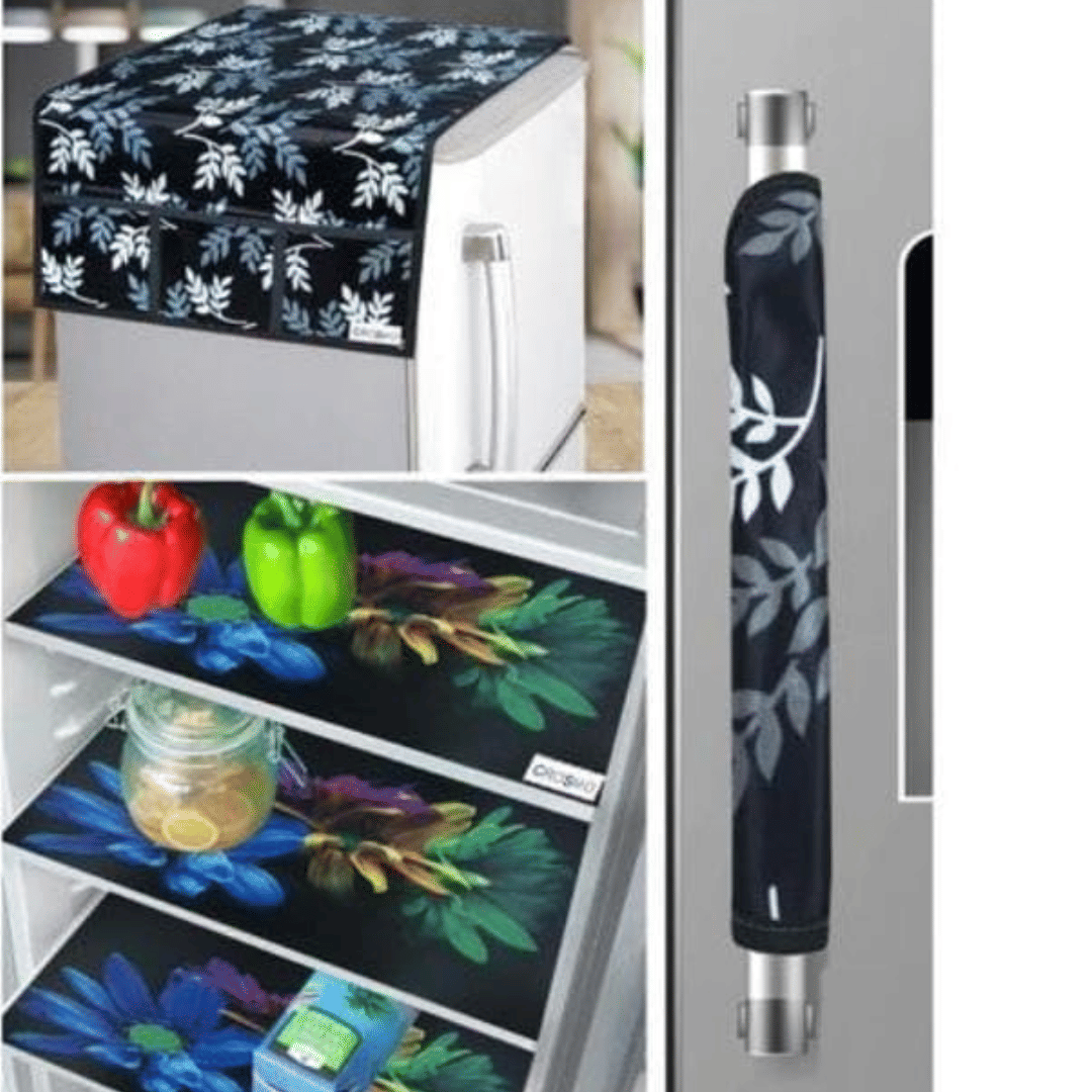 Crosmo Polyester Floral Printed Fridge Mat & Cover ( 64 18 ) Pack of 5 - Black