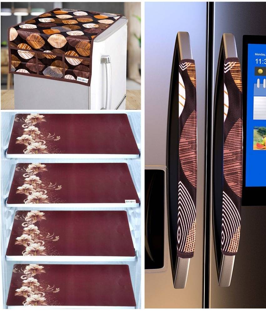     			Crosmo Polyester Floral Printed Fridge Mat & Fridge Cover ( 64 18 ) Pack Of 7 Brown