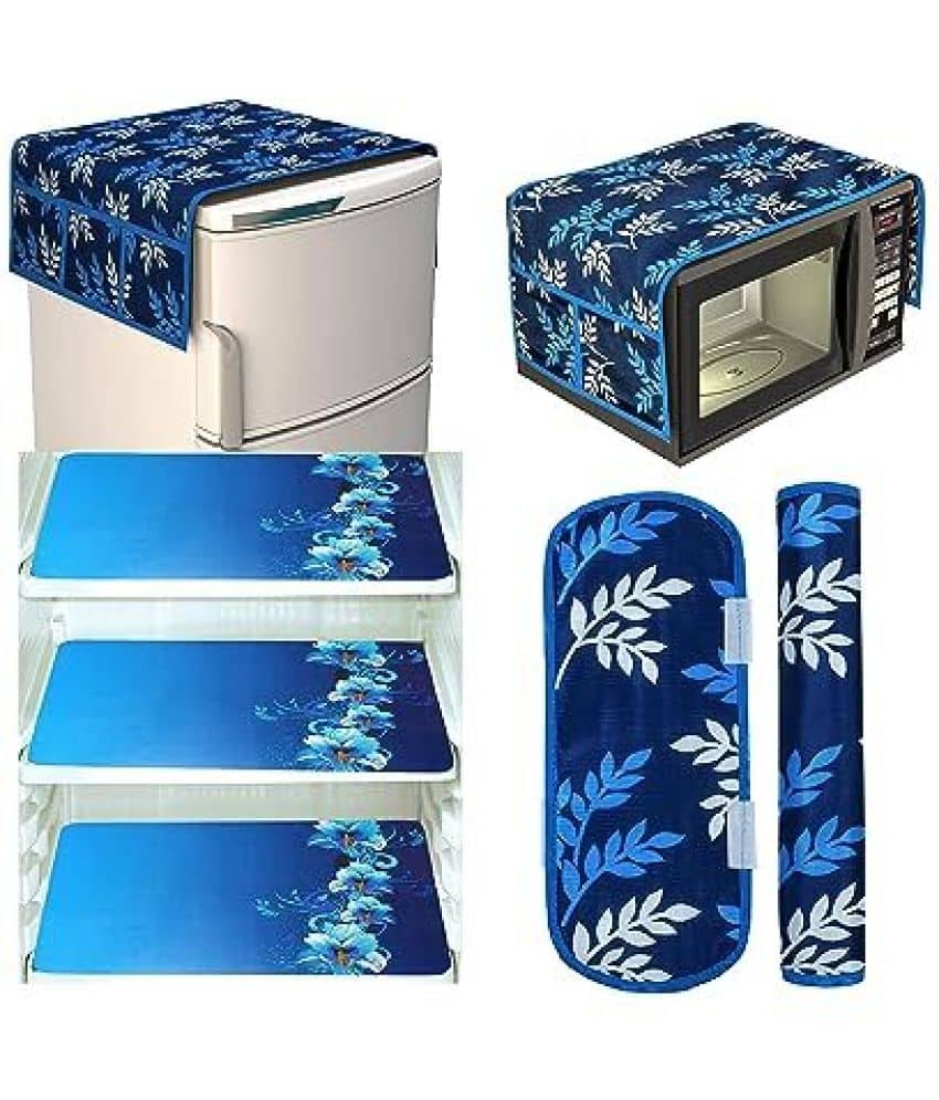 Crosmo Polyester Floral Printed Fridge Mat & Cover ( 64 18 ) Pack of 7 - Blue