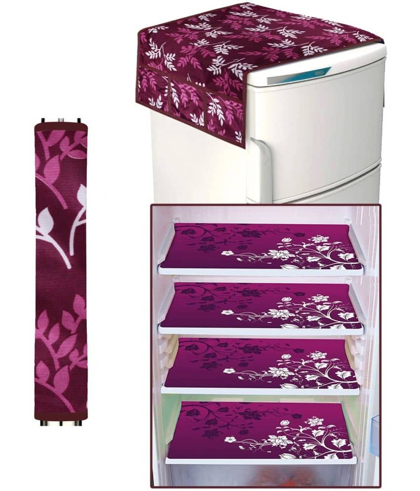 Crosmo Polyester Floral Printed Fridge Mat & Cover ( 64 18 ) Pack of 6 - Maroon