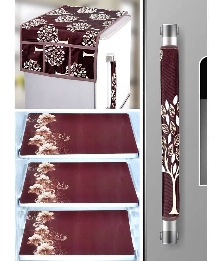 Crosmo Polyester Floral Printed Fridge Mat & Cover ( 64 18 ) Pack of 5 - Brown