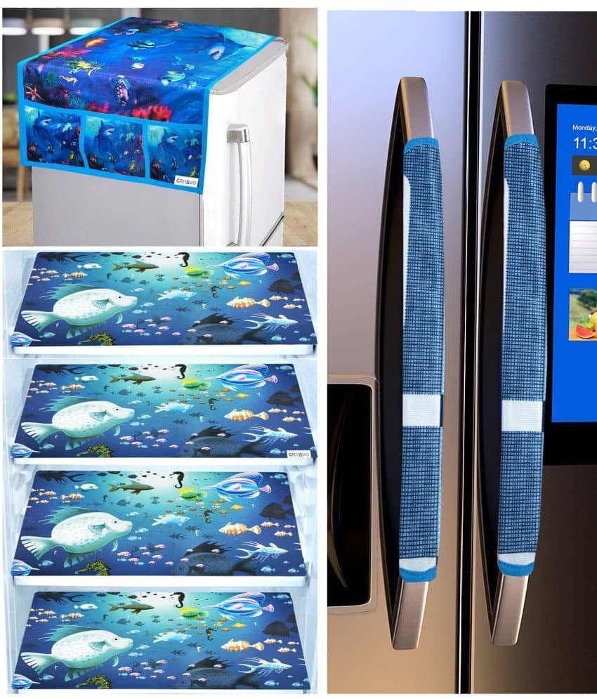 Crosmo Polyester Floral Printed Fridge Mat & Cover ( 64 18 ) Pack of 7 - Blue