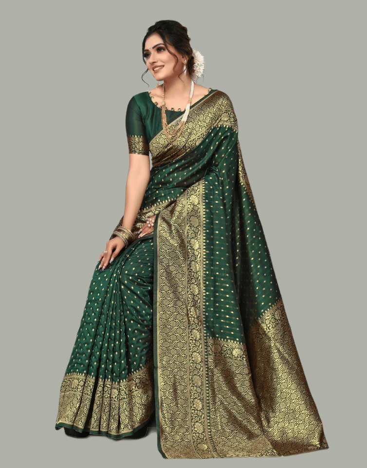 GARIYA Banarasi Silk Embellished Saree With Unstitched Blouse Piece ( Green ) - Sarees | Buy online on ZillyBuy