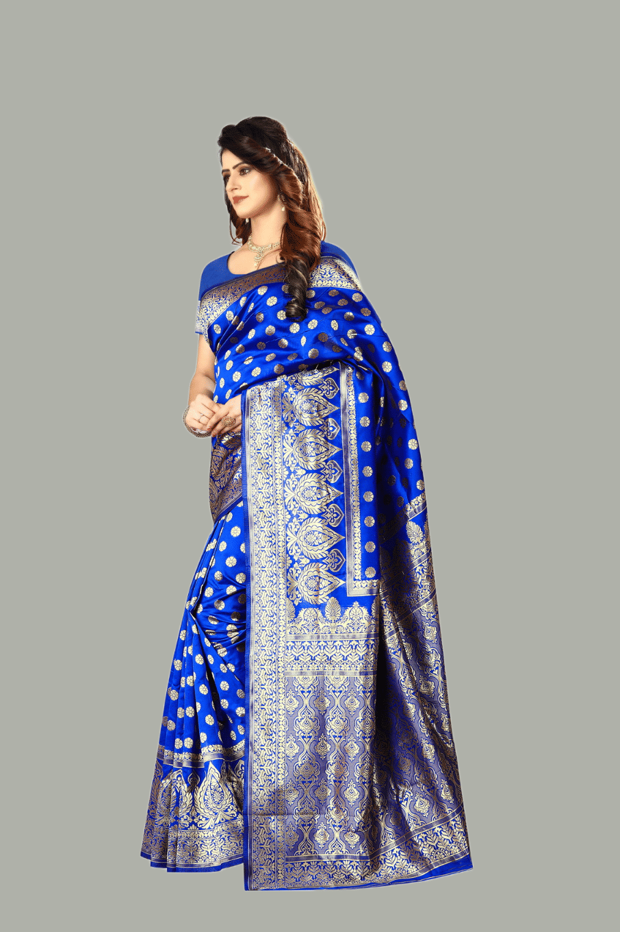 GARIYA Banarasi Silk Embellished Saree With Unstitched Blouse Piece ( Blue ) - Sarees | Buy online on ZillyBuy