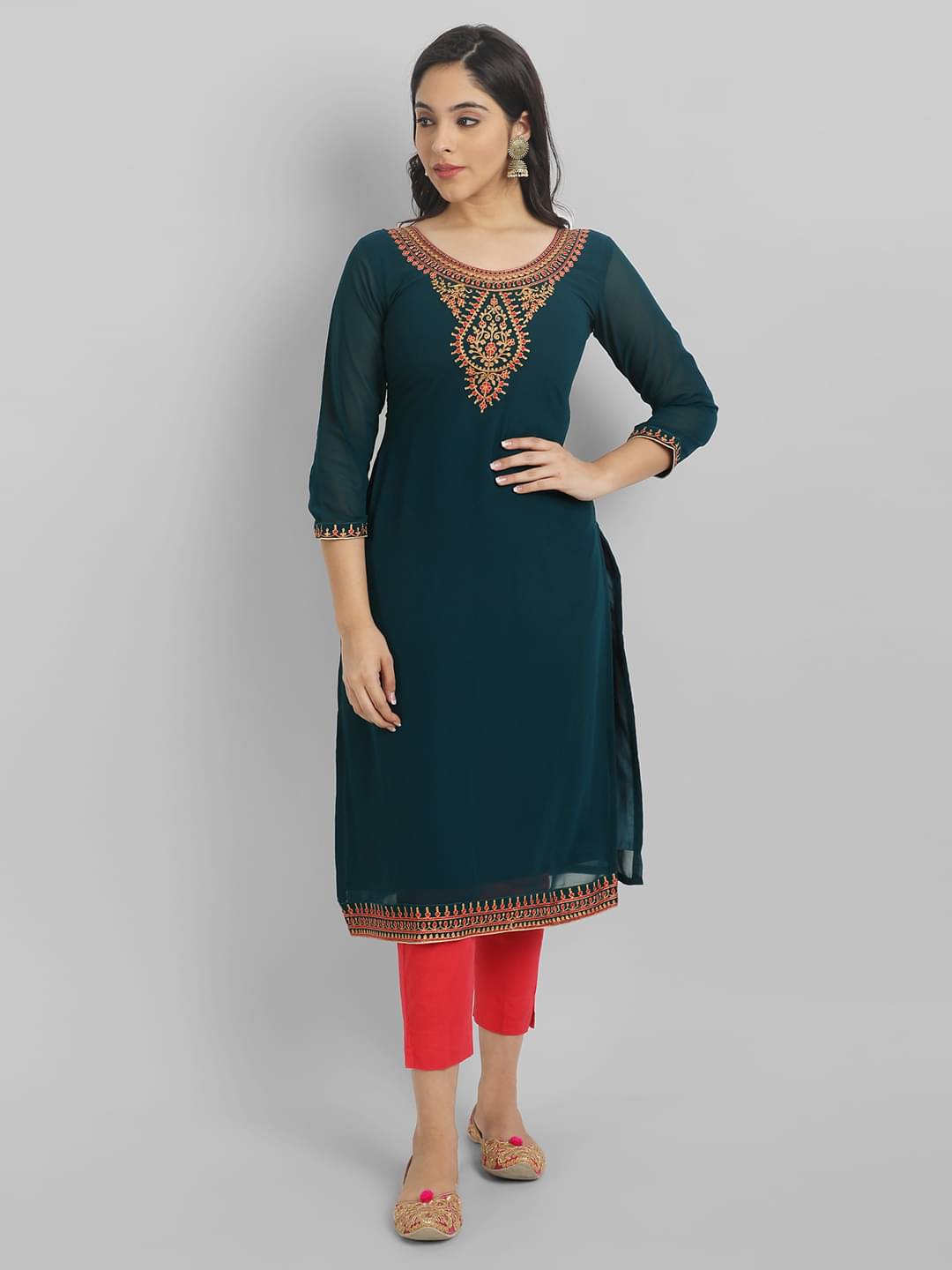 JASH CREATION Georgette Embroidered A-line Women's Kurti - Blue ( Pack of 1 ) JASH CREATION Georgette Embroidered A-line Women's Kurti - Blue ( Pack of 1 )