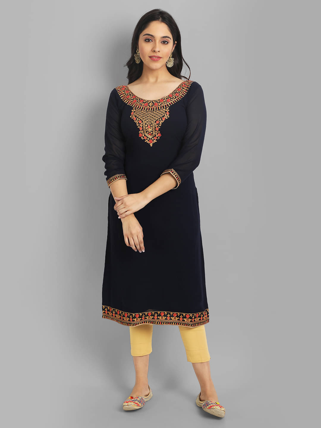 JASH CREATION Georgette Embroidered A-line Women's Kurti - Black ( Pack of 1 ) JASH CREATION Georgette Embroidered A-line Women's Kurti - Black ( Pack of 1 )