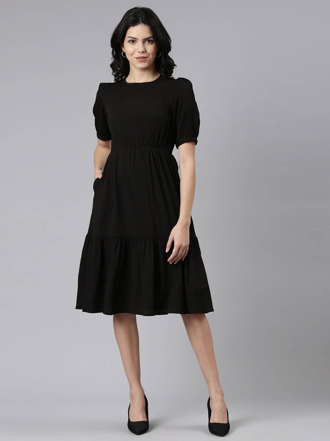 JASH CREATION Women Polyester Solid Fit & Flare Dress ( Black ) JASH CREATION Women Polyester Solid Fit & Flare Dress ( Black )