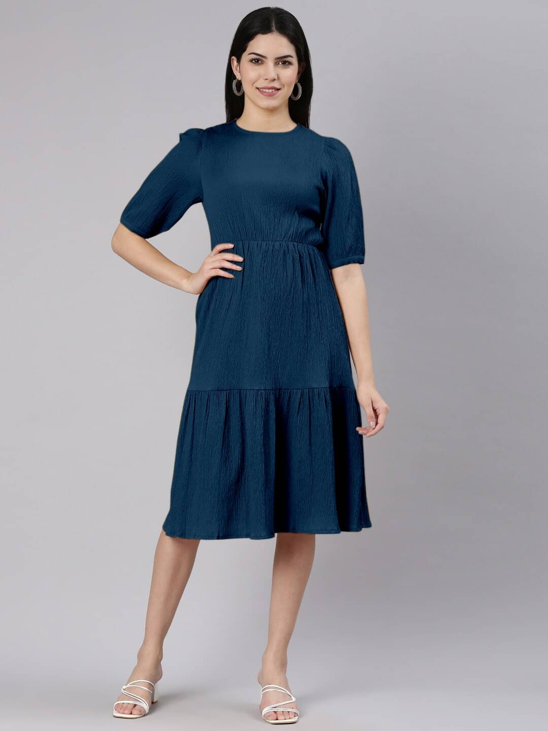 JASH CREATION Polyester Solid Knee Length Women's Fit & Flare Dress - Blue ( Pack of 1 ) JASH CREATION Polyester Solid Knee Length Women's Fit & Flare Dress - Blue ( Pack of 1 )