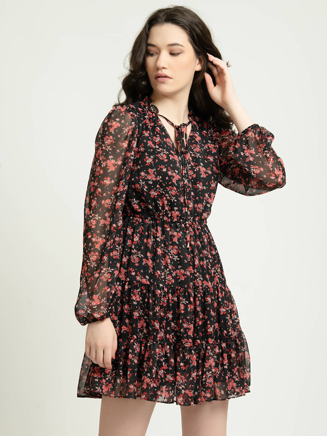     			June 9 Clothing Women Chiffon Printed A-line Dress ( Black )