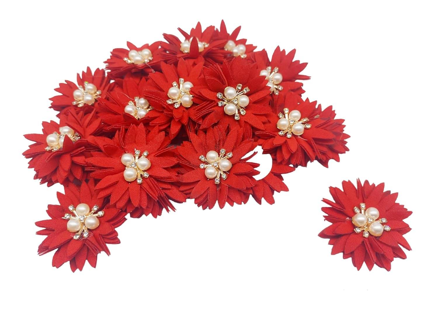     			PRANSUNITA Stone & Beads Studded Stem Less Fabric Flowers for Broches, Dresses, Fancy Gift Packaging, Valentine, Radha Krishna & Baby Shower, Handmade-Size- 5 cm - Pack of 6 pcs Color- (RED)