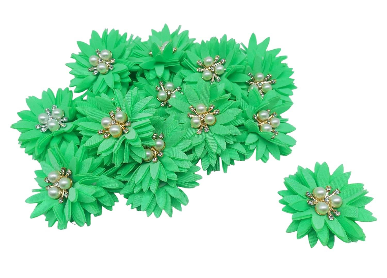     			PRANSUNITA Stone & Beads Studded Stem Less Fabric Flowers for Broches, Dresses, Fancy Gift Packaging, Valentine, Radha Krishna & Baby Shower, Handmade-Size- 5 cm - Pack of 6 pcs Color- (SEA Green)