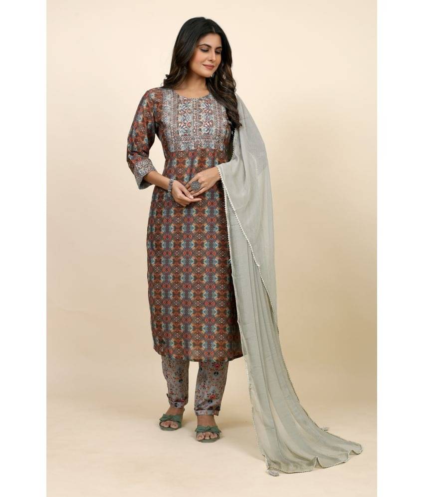     			SARRAS Cotton Printed Kurti With Pants Women's Stitched Salwar Suit - Brown ( Pack of 1 )