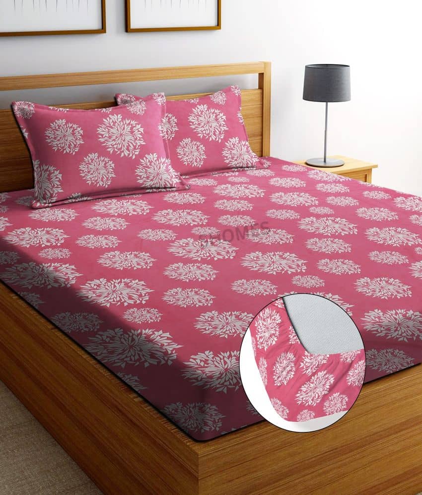 SHOMES Cotton Floral Fitted 1 Bedsheet with 2 Pillow Covers ( Double Bed ) - Pink
