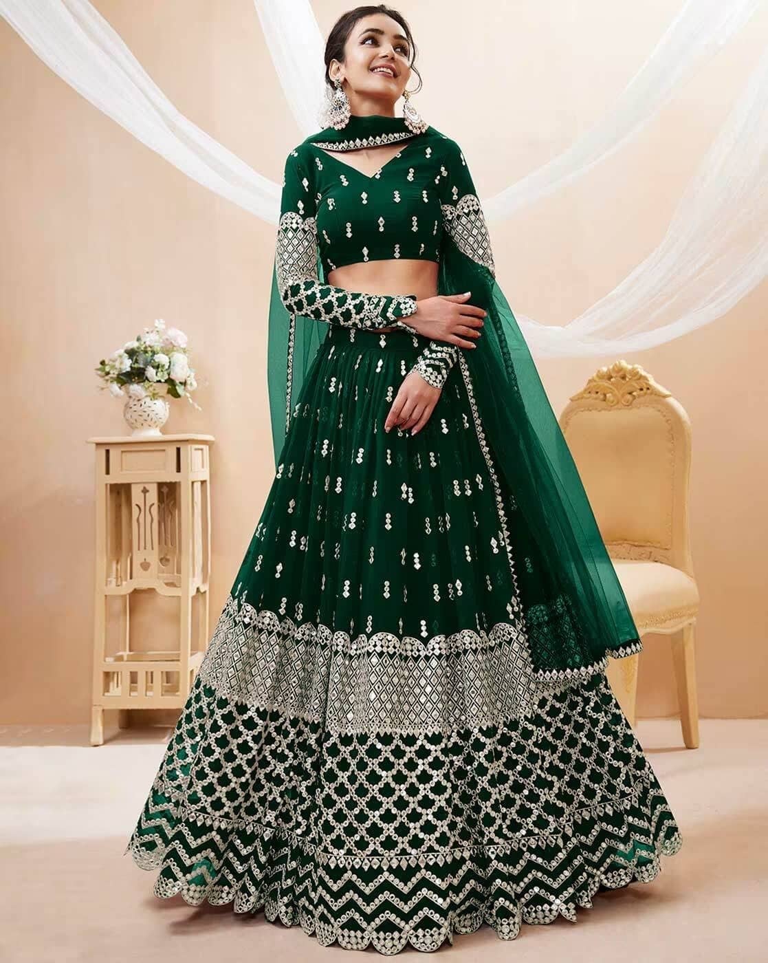 kedar fab Green Georgette Circular Semi Stitched Lehenga Single