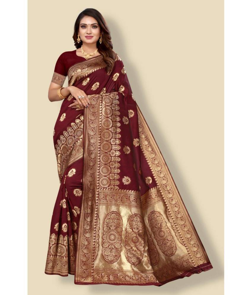 Aadvika Banarasi Silk Printed Saree With Unstitched Blouse Piece ( Maroon ) Aadvika Banarasi Silk Printed Saree With Unstitched Blouse Piece ( Maroon )
