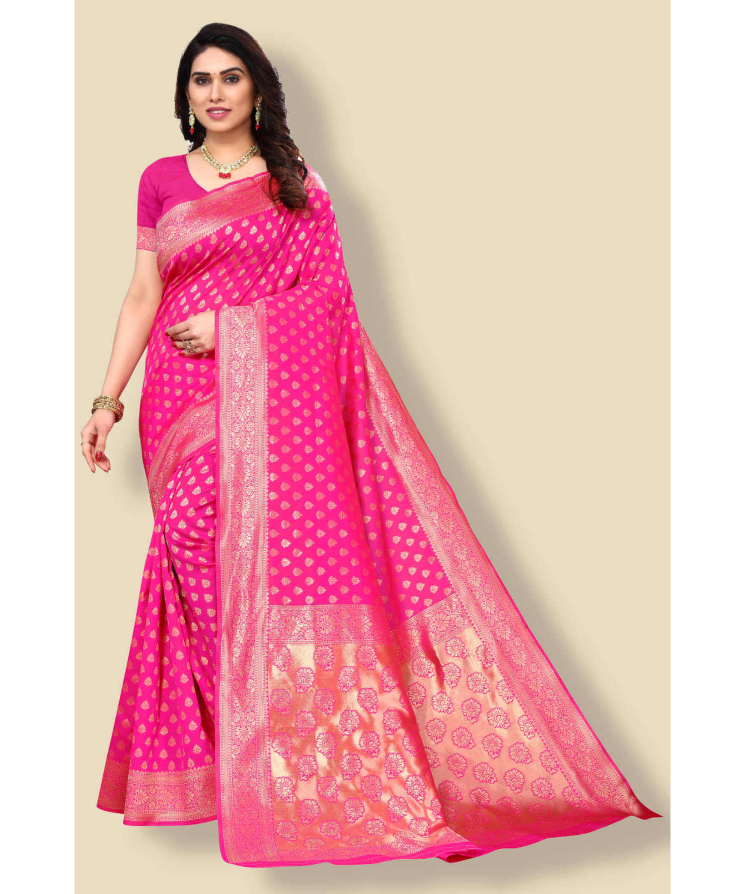 Aadvika Banarasi Silk Printed Saree With Unstitched Blouse Piece ( Pink ) Aadvika Banarasi Silk Printed Saree With Unstitched Blouse Piece ( Pink )
