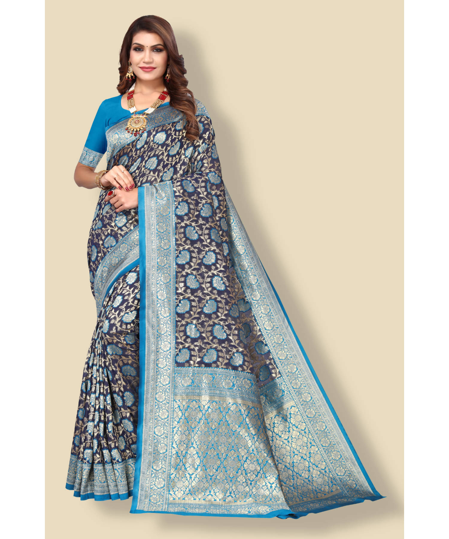 Aadvika Banarasi Silk Printed Saree With Unstitched Blouse Piece ( Blue ) Aadvika Banarasi Silk Printed Saree With Unstitched Blouse Piece ( Blue )