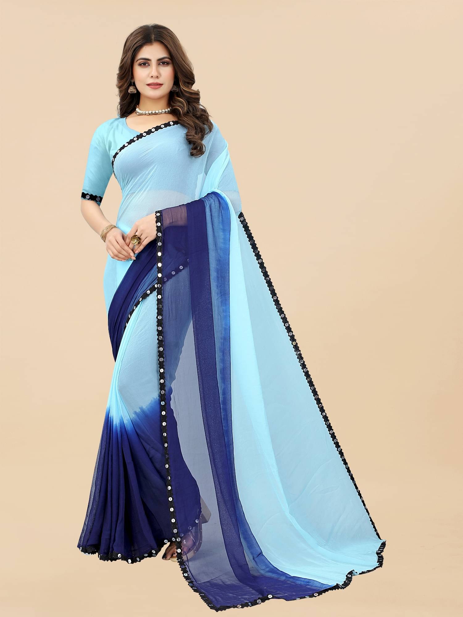 Aika Georgette Embellished Saree With Unstitched Blouse Piece ( Navy Blue ) Aika Georgette Embellished Saree With Unstitched Blouse Piece ( Navy Blue )