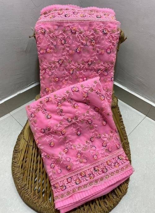 Aika Net Embellished Saree With Unstitched Blouse Piece ( Pink ) Aika Net Embellished Saree With Unstitched Blouse Piece ( Pink )