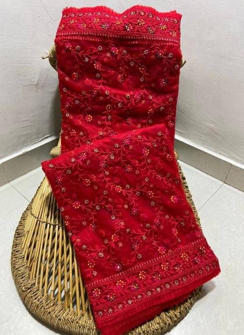 Aika Net Embellished Saree With Unstitched Blouse Piece ( Red ) Aika Net Embellished Saree With Unstitched Blouse Piece ( Red )
