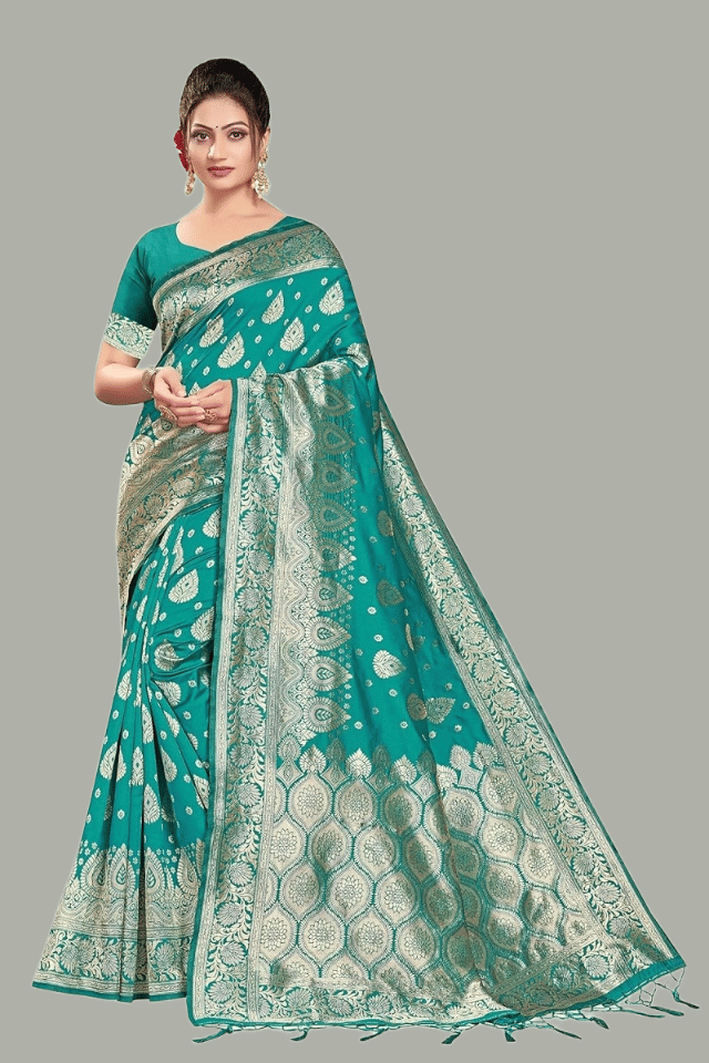GARIYA Banarasi Silk Embellished Saree With Unstitched Blouse Piece ( Rama ) - Sarees | Buy online on ZillyBuy